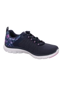 Scarpe sportive navy con motivo floreale sul tallone, tomaia in mesh testurizzato e suola in gomma bianca con accenti e lacci rosa.