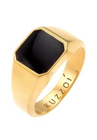 Gold ring featuring a hexagonal black stone at the top. Smooth band with a polished finish, embossed brand name inside.