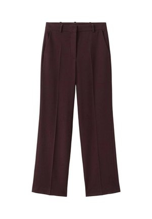 Bordowe spodnie o szerokich nogawkach wykonane z gładkiej tkaniny, z przodu plisami, dwoma bocznymi kieszeniami i płaskim pasem.