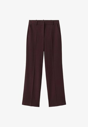 Bordowe spodnie o szerokich nogawkach wykonane z gładkiej tkaniny, z przodu plisami, dwoma bocznymi kieszeniami i płaskim pasem.