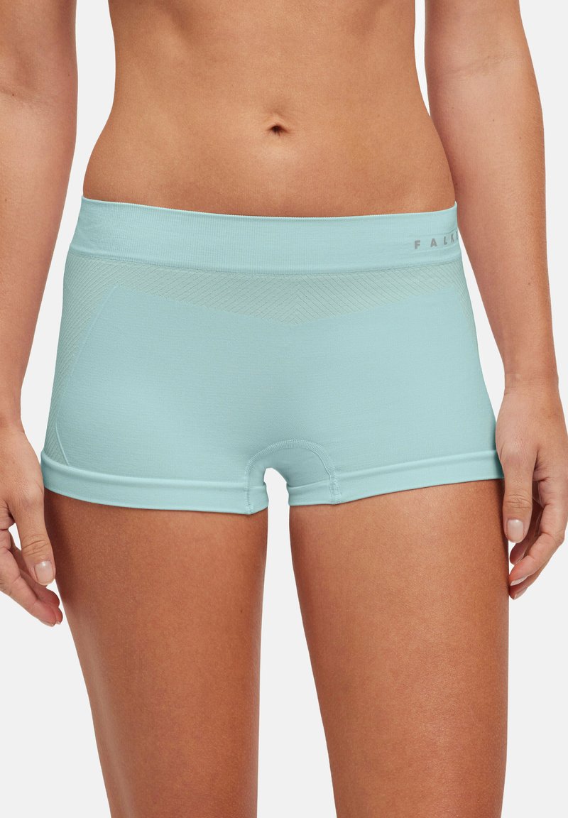 Helle blaue Sportshorts aus weichem Stoff, mit einem breiten Taillenbund und nahtloser Verarbeitung, ausgestattet mit einem strukturierten Muster auf der Rückseite.