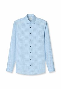 Light blue long-sleeve shirt with a spread collar, featuring a pattern of small black dots, fastened with black buttons along the front.