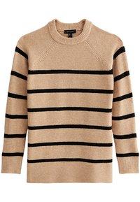 Beige tröja med svarta horisontella ränder. Tillverkad av mjukt material, med en ribbad rundhals och långa ärmar med raglan-sömmar.