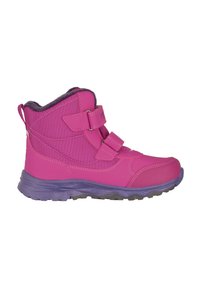 Pink waterproof boot with a textured finish, featuring two Velcro straps, purple accents, and a rubber sole with traction.