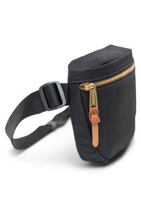 Black fabric pouch bag with a gold zipper, leather accent, and a detachable strap. It has a rectangular shape and textured surface.