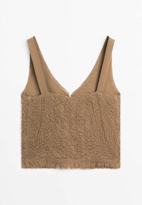 Brown cropped top featuring textured fabric with a wrinkled pattern, V-neckline, wide straps, and a frayed hemline.