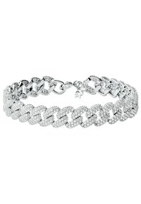 Bracciale in argento con catene intrecciate, abbellito con gemme trasparenti per un tocco di brillantezza. Chiusura sicura con un piccolo ciondolo.
