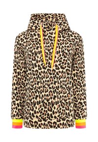 Leopard print hoodie with a beige background, featuring a drawstring, kangaroo pocket, and multicolored striped cuffs in pink, yellow, and green.