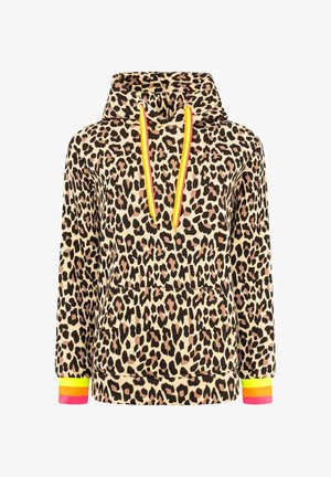 Hoodie w deseń w panterę na beżowym tle, z sznurkiem do regulacji, kieszenią kangurką i wielokolorowymi ściągaczami w kolorach różowym, żółtym i zielonym.