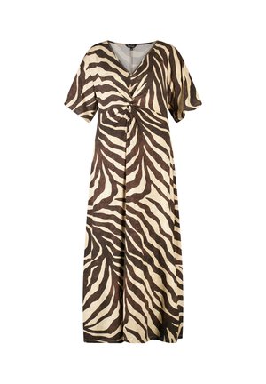 Bruin en beige zebra-print maxi-jurk met korte mouwen, V-hals en geplooid detail aan de voorkant in het midden.