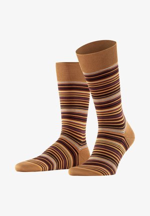 Gestreifte Socken mit wechselnden Bändern in Braun, Burgunderrot, Gold und Creme. Hergestellt aus weichem, elastischem Material mit einem gerippten Bündchen.