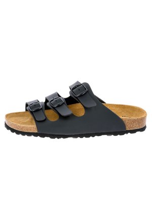 Black slide sandal with three adjustable straps, cork footbed, textured rubber sole, and smooth synthetic upper material.