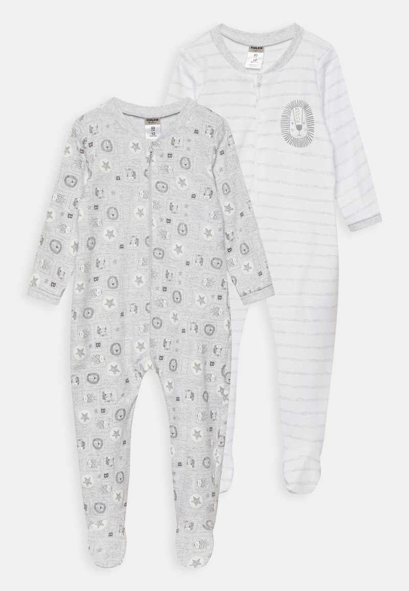 Two gray baby bodysuits: one with a patterned design of stars and animals, the other in striped gray with a lion graphic. Both have footed legs.