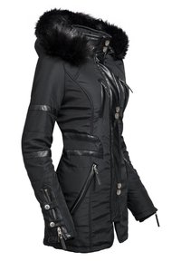 Black padded jacket with a faux fur hood, leather accents, zippered pockets, and button closures. Features a fitted design and textured fabric.