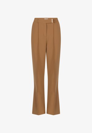 Camelbruine, op maat gemaakte broek met voorplooien, riemlussen en een verborgen sluiting aan de voorkant.