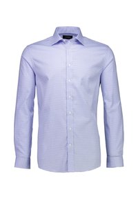 Camicia da uomo a maniche lunghe con motivo a quadri lilla chiaro, realizzata in cotone, con colletto abbottonato e orlo dritto. I bottoni sono bianchi.