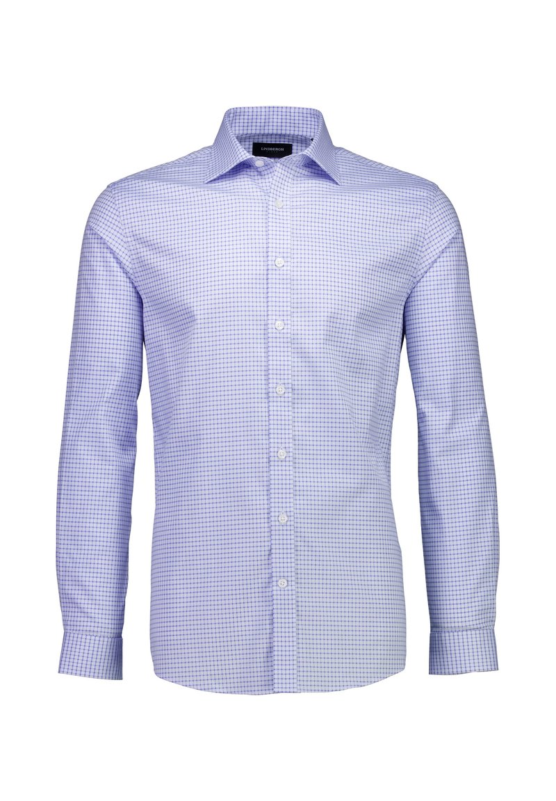 Camicia da uomo a maniche lunghe con motivo a quadri lilla chiaro, realizzata in cotone, con colletto abbottonato e orlo dritto. I bottoni sono bianchi.