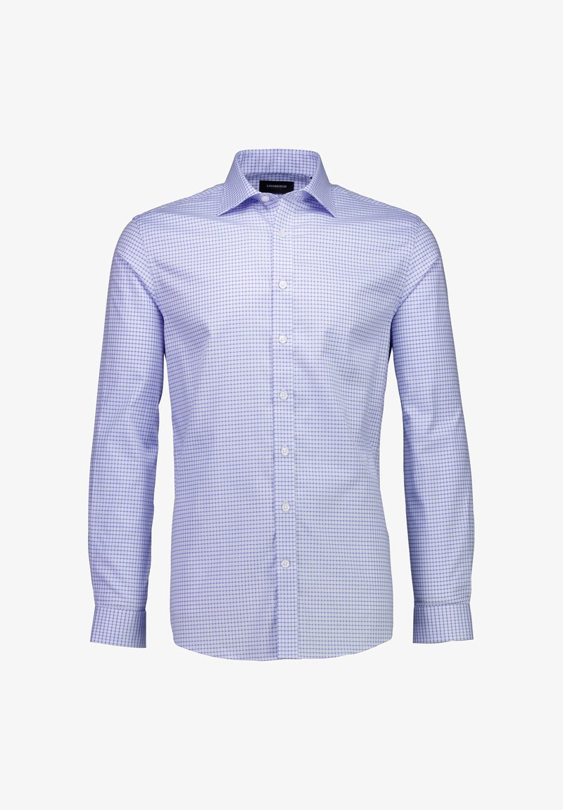 Camicia da uomo a maniche lunghe con motivo a quadri lilla chiaro, realizzata in cotone, con colletto abbottonato e orlo dritto. I bottoni sono bianchi.
