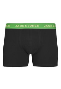 Zwarte boxershorts met een groene tailleband met het label "JACK & JONES." Gemaakt van zacht materiaal met een gevormde pouch.
