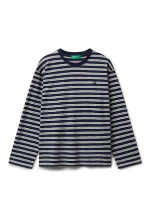 Chemise à manches longues bleu marine et gris à rayures horizontales avec col rond et petit logo noir sur la poitrine de United Colors of Benetton.