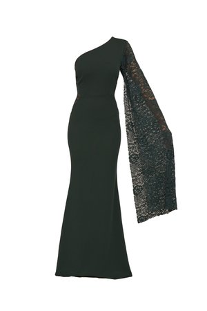 One-shoulder dark green dress with a fitted silhouette and long lace sleeve. Smooth texture with lace detailing along the arm.