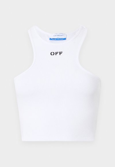 White ribbed crop top with black "OFF" text on the front. Features a sleeveless design and a round neckline.