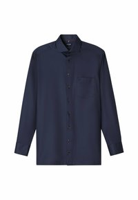 Marineblauwe lange mouwen shirt met een button-down kraag, een voorzak en een subtiele textuurpatroon; gemaakt van lichte stof met een gladde afwerking.