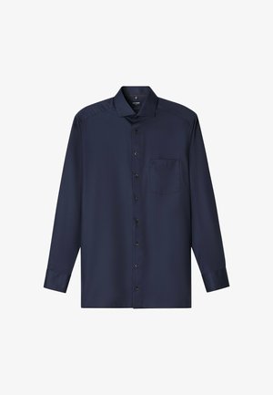 Marineblauwe lange mouwen shirt met een button-down kraag, een voorzak en een subtiele textuurpatroon; gemaakt van lichte stof met een gladde afwerking.