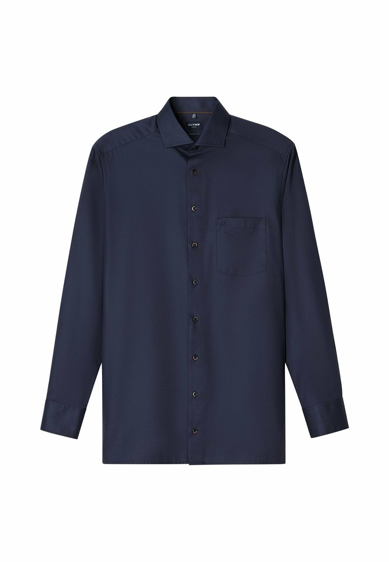 Marineblauwe lange mouwen shirt met een button-down kraag, een voorzak en een subtiele textuurpatroon; gemaakt van lichte stof met een gladde afwerking.