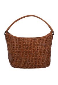 Borsa a tracolla in pelle intrecciata marrone con manico curvo e chiusura a zip. Presenta una superficie texturizzata con piccoli chiodini decorativi sparsi.