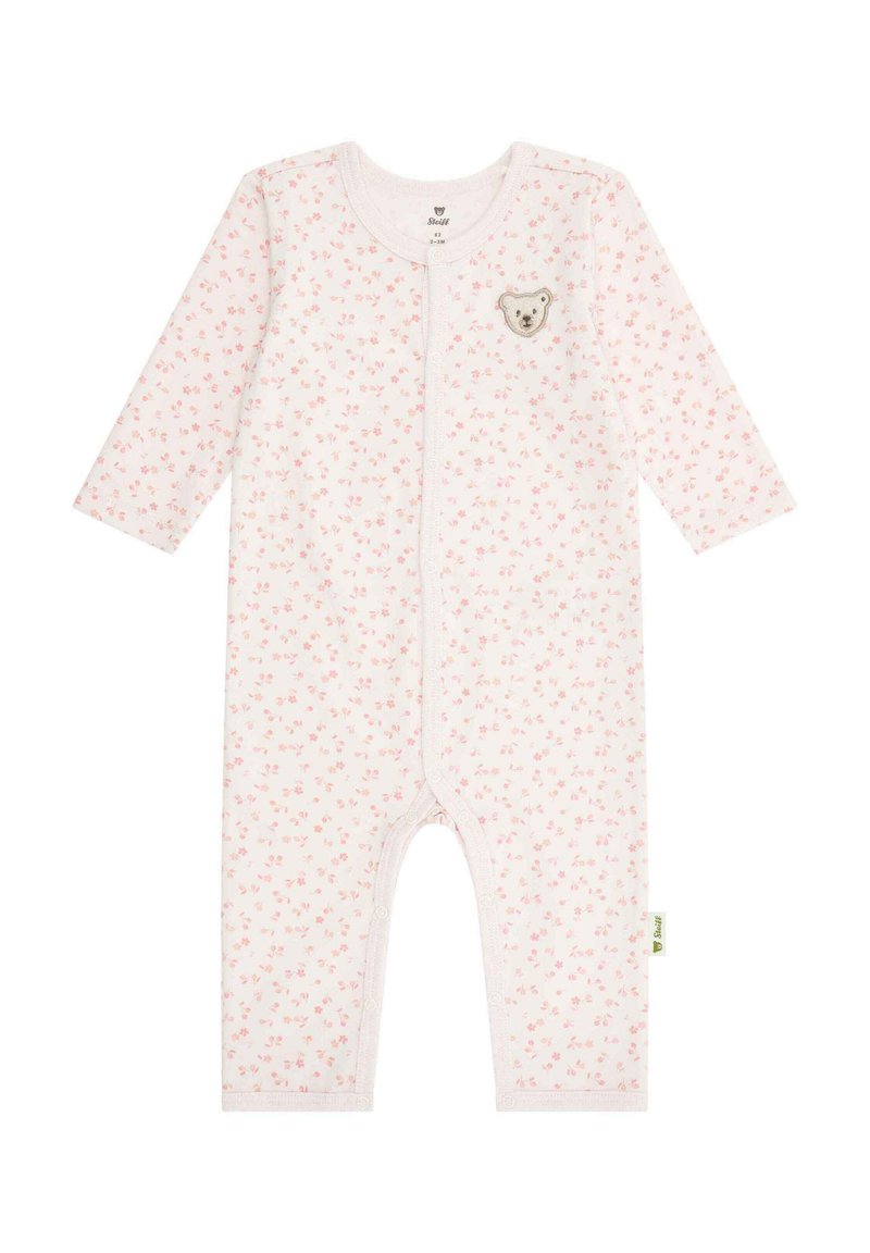 Roze babyromper met bloemenpatroon in zachte stof, met lange mouwen, drukknopen aan de voorkant en een berenapplicatie op de borst.