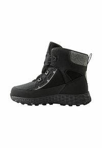 Czarne wodoodporne buty z teksturowanymi i gładkimi panelami, systemem sznurowania, wyściełanym kołnierzem oraz solidną podeszwą zapewniającą przyczepność.