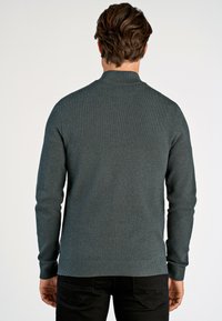 Dunkelgrüner Strickpullover mit strukturiertem Muster, gerippten Bündchen und Saum, Rundhalsausschnitt, von hinten vor einem schlichten Hintergrund gezeigt.