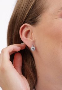Silberne herzförmige Ohrringe mit klaren Strasssteinen, ausgestattet mit einem einfachen Verschluss und einer glatten Oberfläche, getragen am Ohr eines Models.