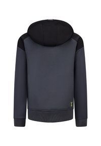 Felpa con cappuccio grigio scuro con accenti in rete nera e logo verde lime, dotata di polsini e orlo a costine per un look aderente.