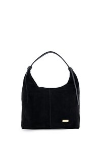 Czarna zamszowa torba na ramię z pojedynczym paskiem, o gładkiej fakturze i małym metalowym logo z przodu. Prosty, zaokrąglony kształt.