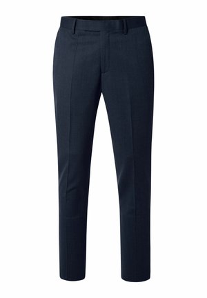 Heren donkere marineblauwe slim-fit dress trousers met riemlussen en subtiele plooien aan de voorkant van elk been, gepresenteerd op een witte achtergrond.
