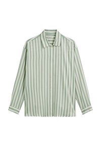 Camicia a maniche lunghe verticalmente striata verde e bianca con colletto e chiusura a bottoni, realizzata in tessuto leggero e morbido.