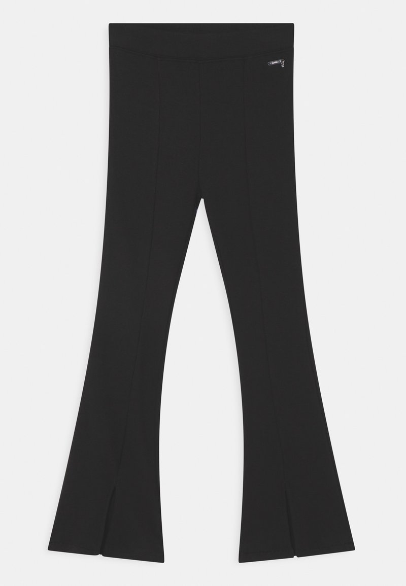 Pantalon noir taille haute évasé avec jambes larges, coutures avant et petite écusson logo près de la ceinture sur fond blanc.