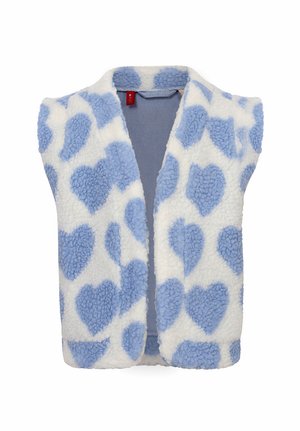Fleece vest met een open voorkant, met een witte basis en grote blauwe hartpatronen. De structuur is zacht en heeft een licht pluizige uitstraling.