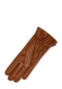 Brown leather glove with a smooth texture, fitted design, and gathered wrist detail. Features three finger openings and a tapered shape.