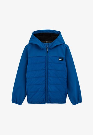 Veste à capuche bleue en tissu lisse avec un motif matelassé sur le bas du devant, dotée d'une fermeture éclair et d'un petit patch logo sur la poitrine.