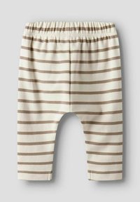 Gestreepte broek met een zachte, rekbare tailleband, gemaakt van lichte stof; neutraal beige met dunne bruine strepen, cropped lengte.