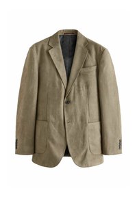 Blazer en daim kaki avec deux poches avant, revers crantés, fermeture à bouton unique et accents de boutons noirs sur les manches. Texture lisse.