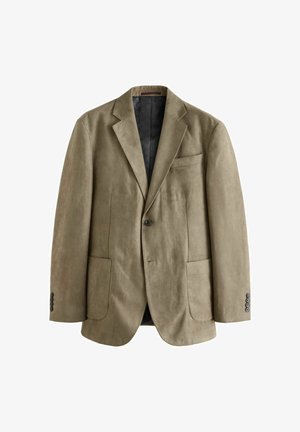 Chaki mokasinė švarkas su dviem priekinėmis kišenėmis, įpjautais atlapais, vienu užtrauktu mygtuku ir juodomis mygtukų detalėmis ant rankovių. Lygus paviršius.