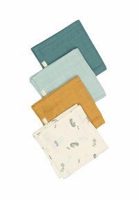 Čtyři bavlněné mušelínové látky: modrozelená, světle modrá, hořčicově žlutá a bílá s potisky mořských koníků. Měkká textura, obdélníkový tvar a prošité okraje.