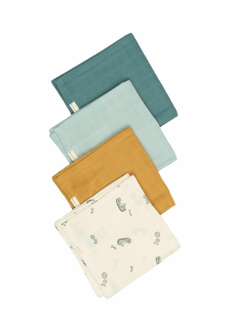 Čtyři bavlněné mušelínové látky: modrozelená, světle modrá, hořčicově žlutá a bílá s potisky mořských koníků. Měkká textura, obdélníkový tvar a prošité okraje.