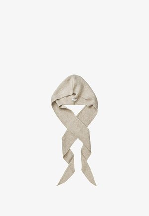 Beige wool scarf with a hood, featuring a wide, flat design that tapers into long pointed ends, showcasing a soft texture.