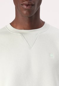 Ljusgrön sweatshirt med rund hals, ribbade mudd avslut och v-stygndetaljer vid kragen. Har en liten, präglad logotyp på bröstet.