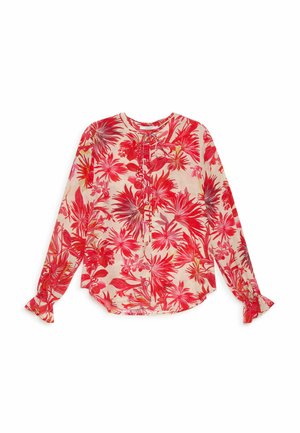 Long-sleeve blouse with pink and red tropical floral print, round neckline with drawstring, and gathered cuffs with ruffle details.